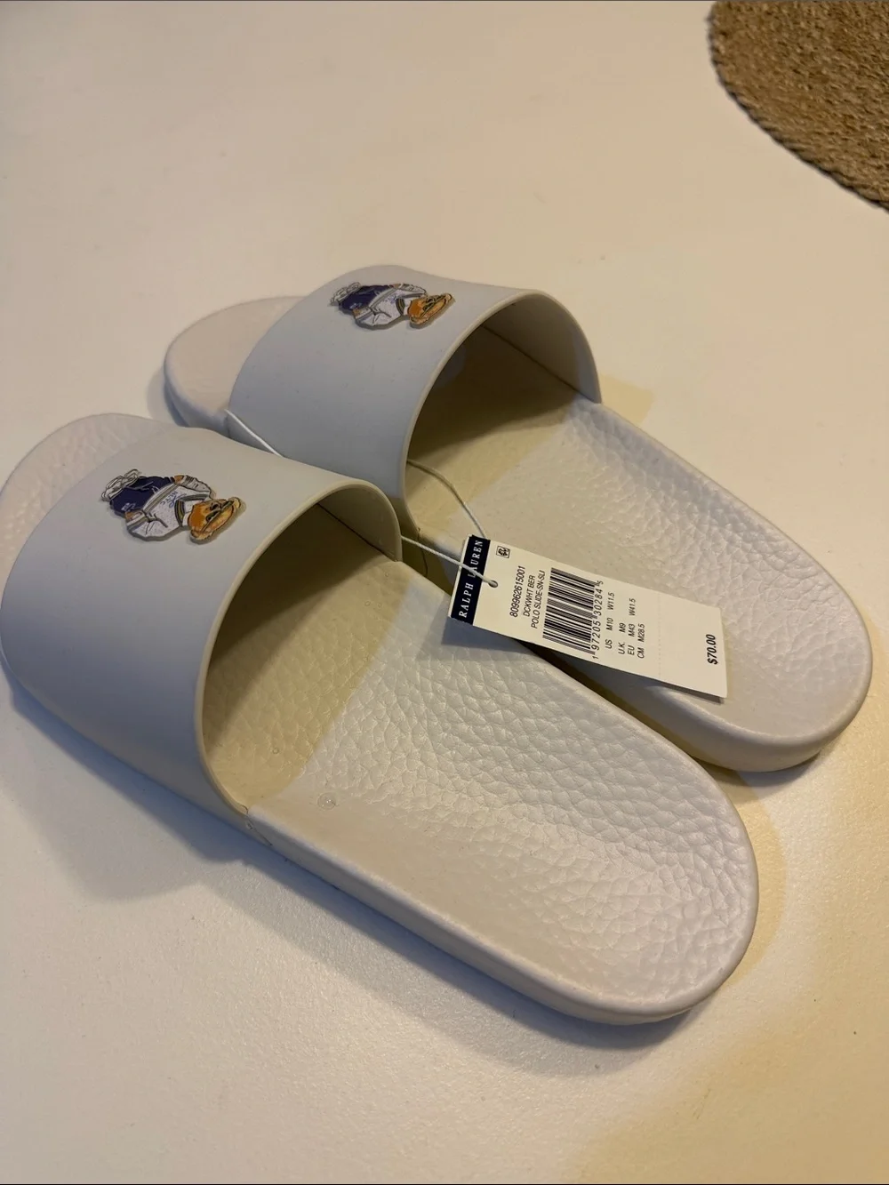 Ralph Lauren White Mens Slide Sandals with Polo Bear Patch Sz 10.  New. Box55